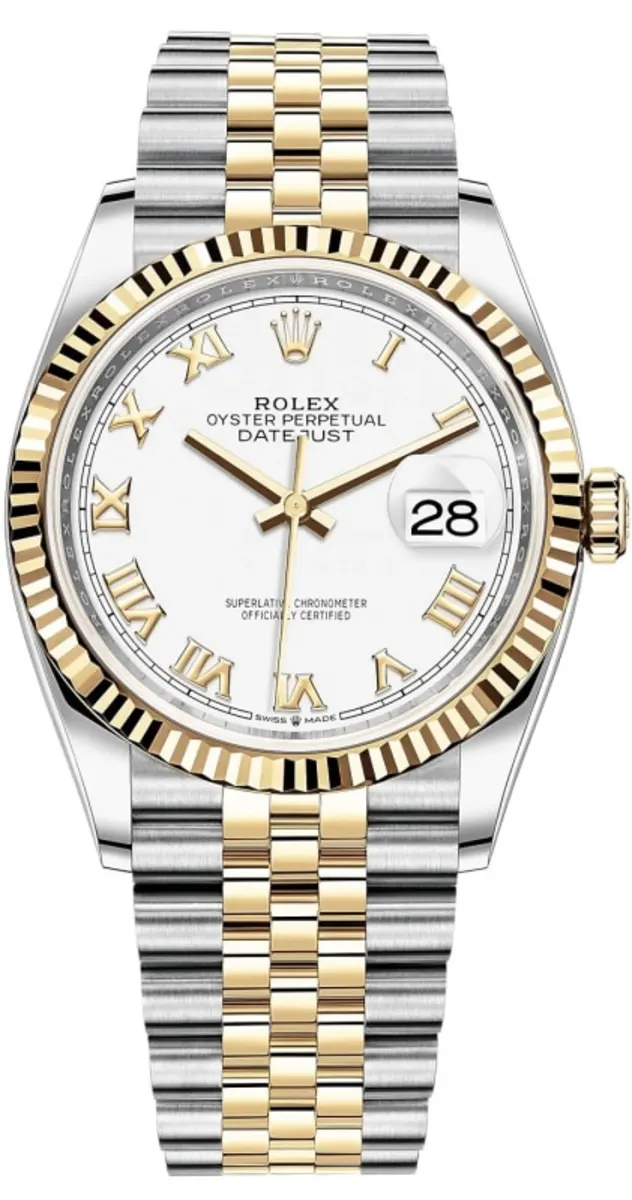 056ecdbe7c6136bbe042a33ad0c78666.webp Rolex Datejust 36 Steel & Yellow Gold White Roman Dial Jubilee Women's Watch M126233-0029 - Image 1