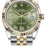 Rolex Datejust 36 Steel & Yellow Gold Olive Green Pave Roman Dial Women's Watch M126233-0025