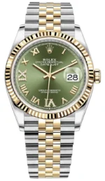 Rolex Datejust 36 Steel & Yellow Gold Olive Green Pave Roman Dial Women's Watch M126233-0025