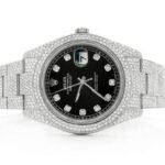 ROLEX DATEJUST ICED OUT 41MM SILVER BLACK DIAL AUTOMATIC STAINLESS STEEL WATCH FULL MOISSANITE 16.00CT