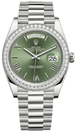 Rolex Day-Date 40 18k White Gold Olive Green Dial Diamond Bezel Men's Watch M228349RBR-0030
