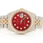 DIAMOND ROLEX WATCH DATEJUST 36MM TWO TONE RED DIAL FULL ICED VVS MOISSANITE 17.20CT