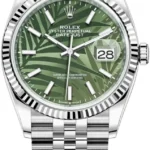 Rolex Datejust 36 Steel & White Gold Olive Green Palm-Motif Dial Women's Watch M126234-0047