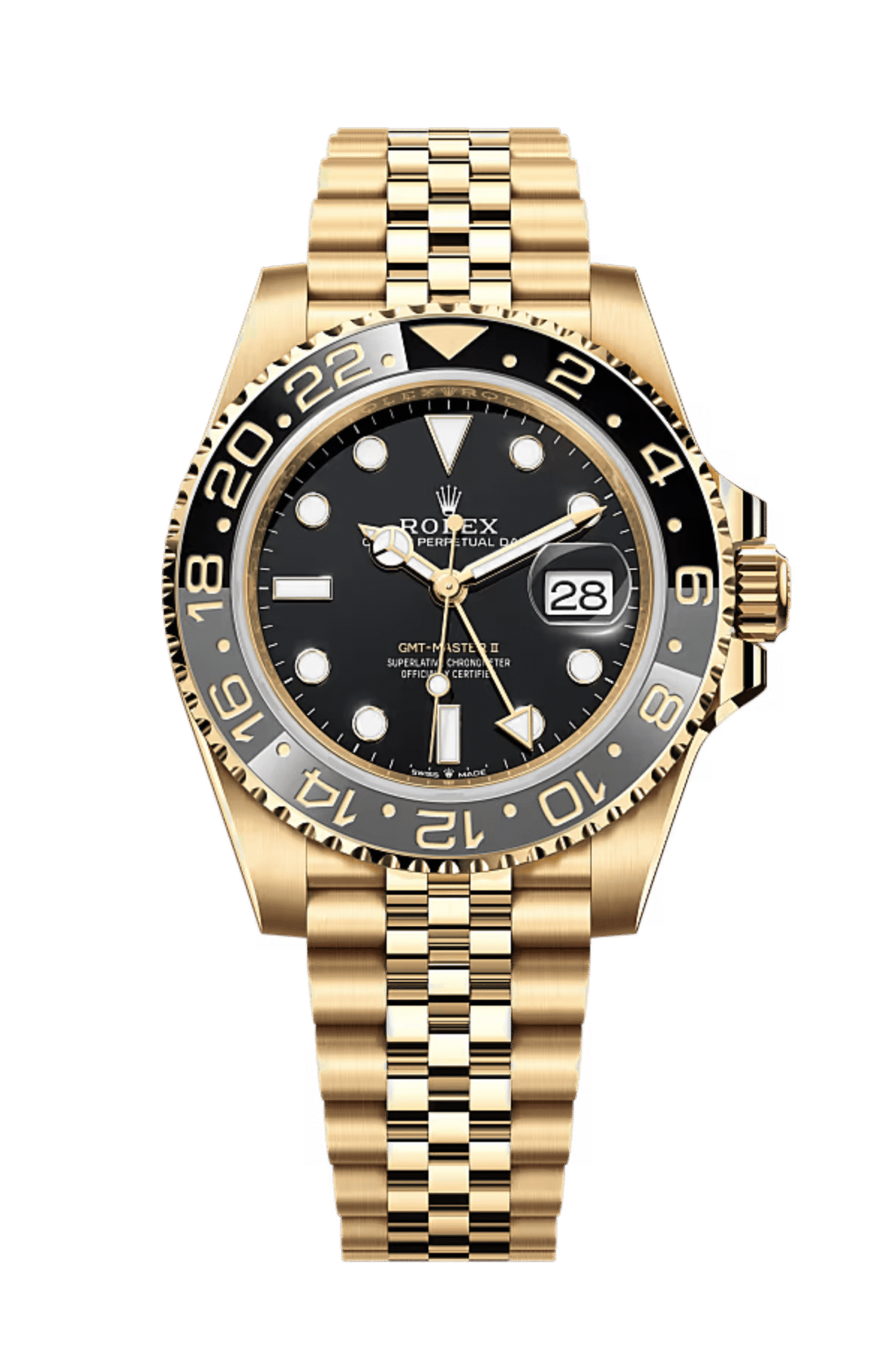 b024432b3958efd0cb396863024d13d2.png Rolex GMT Master ll Yellow Gold Black Dial Jubilee Bracelet Men's Watch 40mm M126718GRNR-0001 - Image 1
