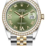 Rolex Datejust 36 Yellow Gold & Diamonds Olive Green Diamond Pave Roman Dial Women's Watch M126283RBR-0011