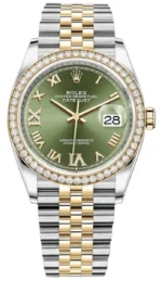 Rolex Datejust 36 Yellow Gold & Diamonds Olive Green Diamond Pave Roman Dial Women's Watch M126283RBR-0011