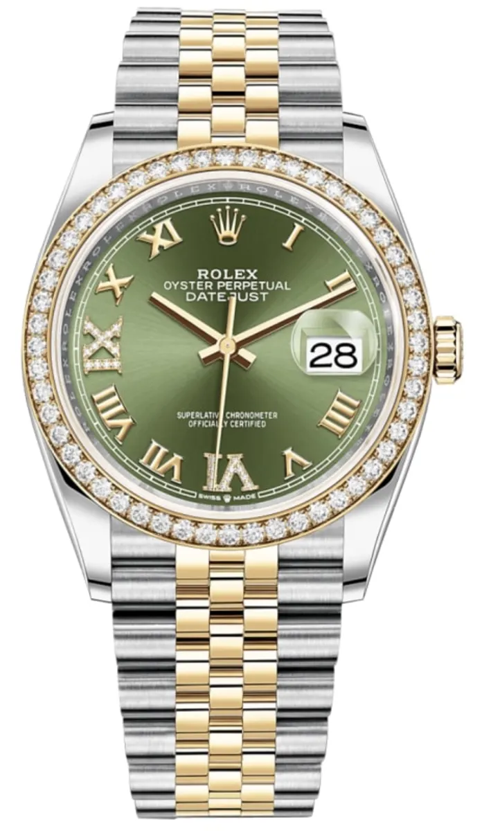 be7fc234d13a4d5968eab05741e9643c.webp Rolex Datejust 36 Yellow Gold & Diamonds Olive Green Diamond Pave Roman Dial Women's Watch M126283RBR-0011 - Image 1
