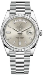 Rolex Day-Date 40 Platinum Silver Diamond Dial Diamond Bezel Men's Watch M228396TBR-0011