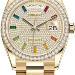 Rolex Day-Date Yellow Gold Diamond-Paved Dial Diamond Bezel Women's Watch M128348RBR-0030