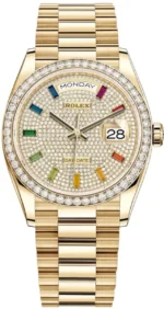 Rolex Day-Date Yellow Gold Diamond-Paved Dial Diamond Bezel Women's Watch M128348RBR-0030