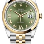 Rolex Datejust 36 Steel & Yellow Gold Olive Green Pave Roman Dial Men's Watch M126203-0025