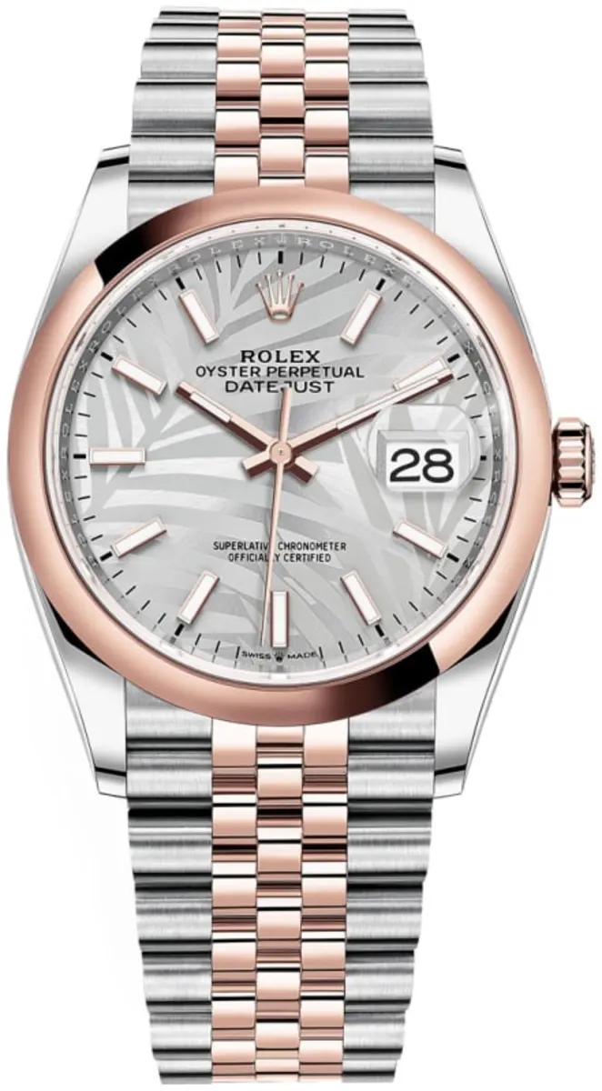 f96fb13b0d23964d05e9cff200c37584.webp Rolex Datejust 36 Steel & Everose Gold Silver Palm-Motif Dial Women's Watch M126201-0031 - Image 1