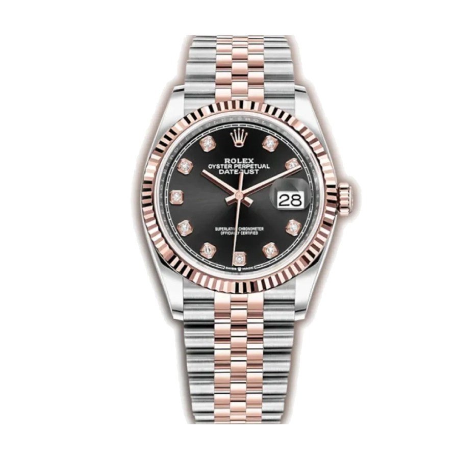 rolex-datejust-126301-two-tone-fluted-replica-1.jpg Rolex Datejust 126231. 36mm – Everose Gold Fluted Bezel. Slate Motif Dial with Diamond - Image 1