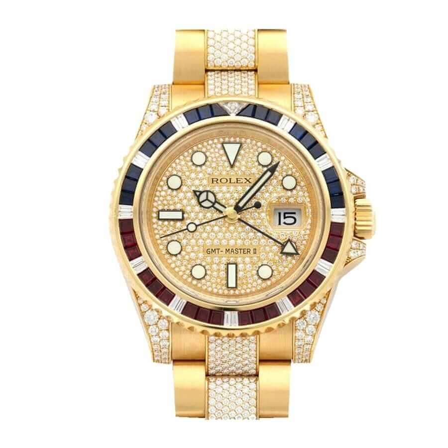 rolex-gmt-master-ii-116718-yellow-gold-diamonds-dial-replica.jpg Rolex GMT Master II 116758 SARU Yellow Gold Diamonds Dial Iced Out Replica - Image 1